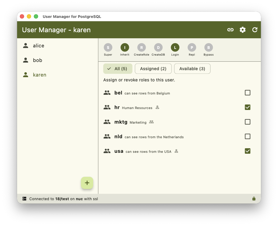 User Manager for PostgreSQL running on macOS