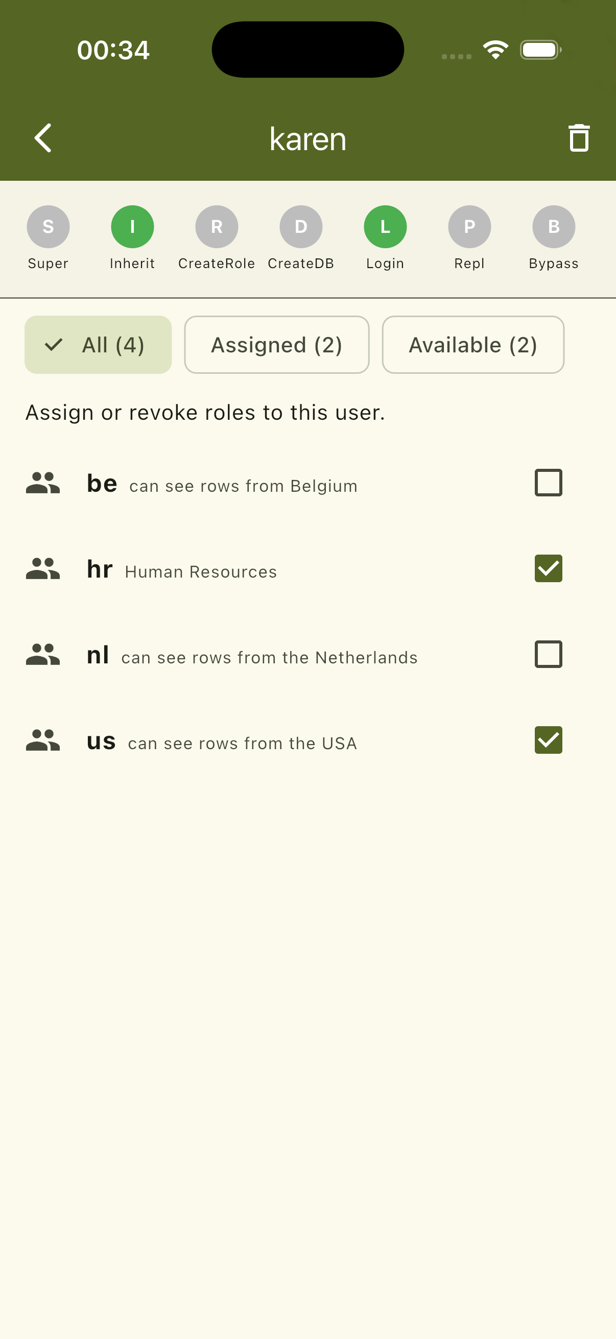 User Manager for PostgreSQL running on iPhone