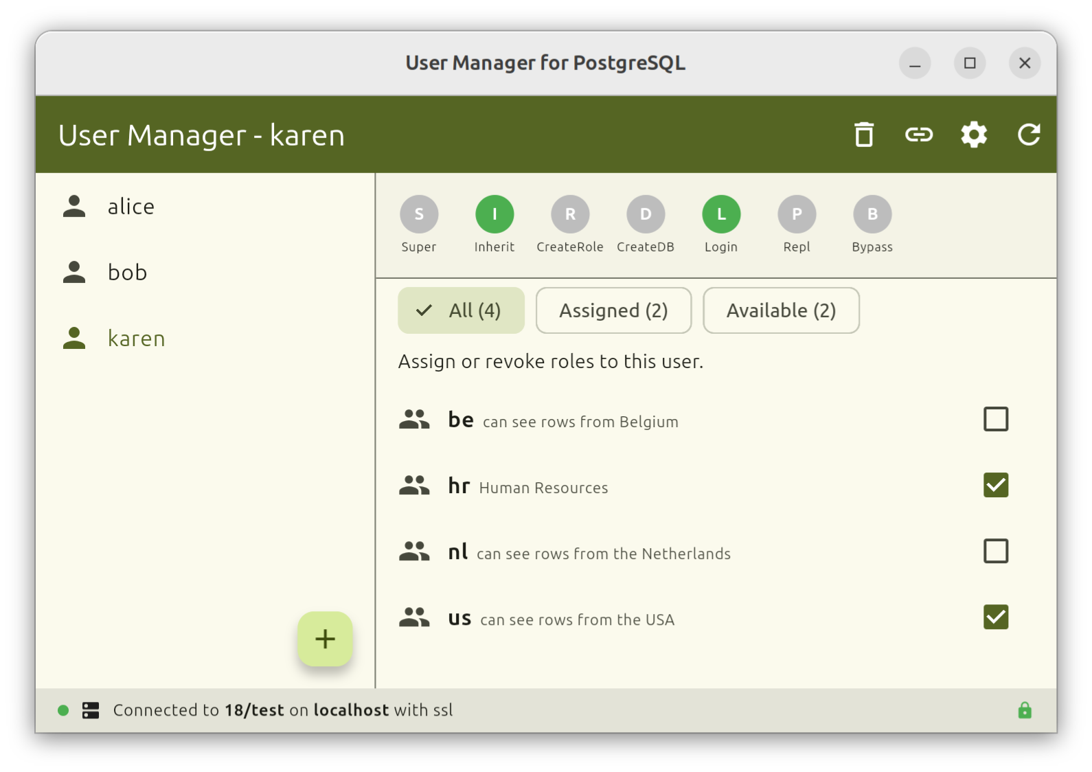 User Manager for PostgreSQL running on Linux