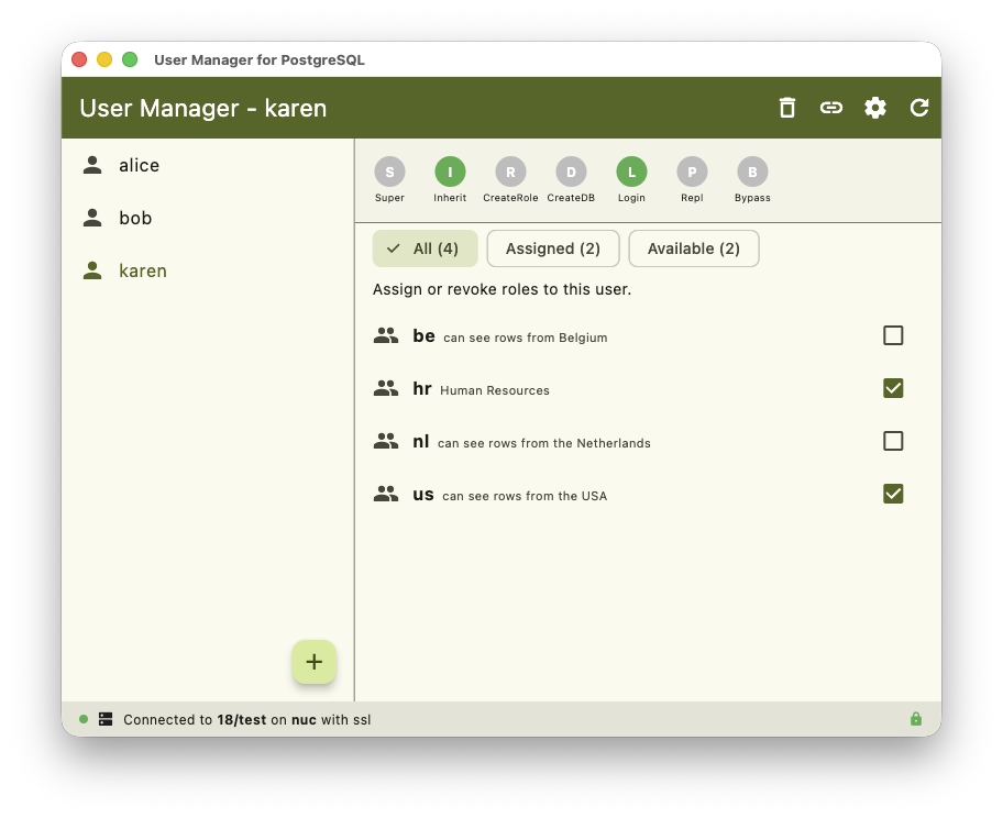 User Manager for PostgreSQL running on macOS