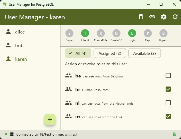 User Manager for PostgreSQL running on Windows